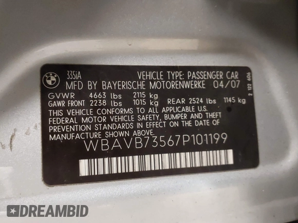 2007 BMW 3 Series 335i with VIN WBAVB73567P101199, listed as a IAAI auction lot 42376366 with 76,839 mi miles and . Bid and sale history available at DreamBid. Image 9.