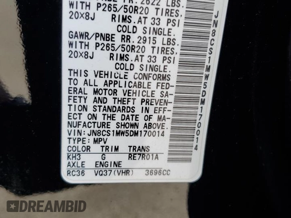 2013 Infiniti FX with VIN JN8CS1MW5DM170014, listed as a Copart auction lot 56195905 with 138,686 mi miles and Salvage title. Bid and sale history available at DreamBid. Image 14.