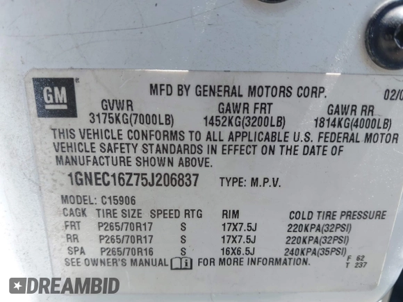 2005 Chevrolet Suburban LS with VIN 1GNEC16Z75J206837, listed as a IAAI auction lot 42826024 with 219,805 mi miles and . Bid and sale history available at DreamBid. Image 9.