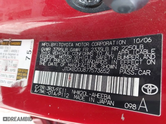 2007 Toyota Prius with VIN JTDKB20U877573652, listed as a IAAI auction lot 41691225 with 184,067 mi miles. Bid and sale history available at carsss.com. Image 9.