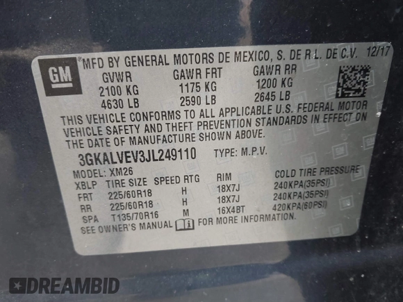 2018 GMC Terrain SLT with VIN 3GKALVEV3JL249110, listed as a IAAI auction lot 41712782 with 201,316 mi miles. Bid and sale history available at carsss.com. Image 9.