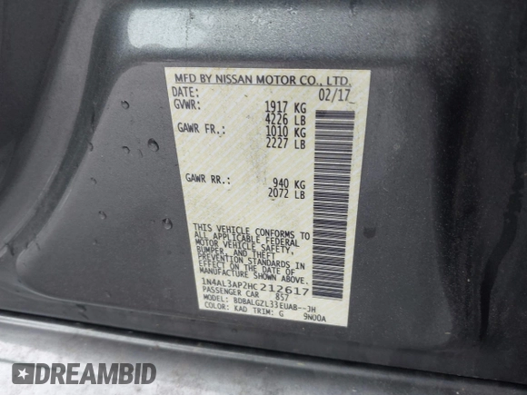 2017 Nissan Altima S with VIN 1N4AL3AP2HC212617, listed as a IAAI auction lot 41974656 with 115,869 mi miles and . Bid and sale history available at DreamBid. Image 9.