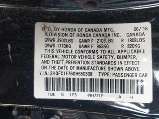 2016 Honda Civic EX-L z VIN 2HGFC1F76GH650308, wystawiony jako IAAI lot #42408661 z przebiegiem Nie podano mil oraz . Historia ofert i sprzedaży dostępna na DreamBid. Obrazek 9.