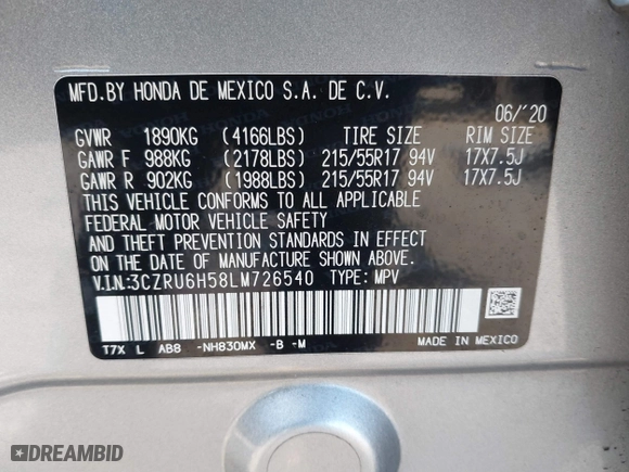 2020 Honda HR-V EX with VIN 3CZRU6H58LM726540, listed as a IAAI auction lot 41497941 with 109,255 mi miles. Bid and sale history available at carsss.com. Image 9.