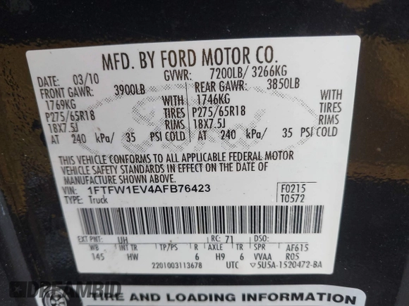 2010 Ford F-150 XL with VIN 1FTFW1EV4AFB76423, listed as a IAAI auction lot 41905588 with 175,267 mi miles. Bid and sale history available at carsss.com. Image 9.