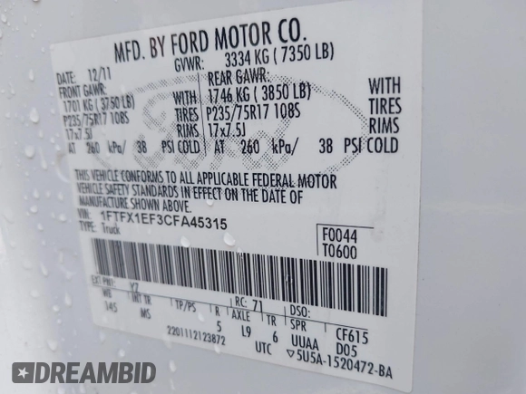 2012 Ford F-150 XL with VIN 1FTFX1EF3CFA45315, listed as a IAAI auction lot 42036787 with 209,331 mi miles. Bid and sale history available at carsss.com. Image 9.
