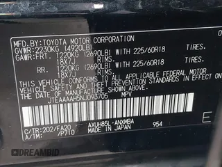 2022 Toyota Venza LE with VIN JTEAAAAH5NJ093705, listed as a IAAI auction lot 41840879 with 65,677 mi miles. Bid and sale history available at carsss.com. Image 9.