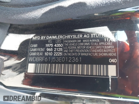 2003 Mercedes-Benz C 240 with VIN WDBRF61J53E012361, listed as a IAAI auction lot 42507001 with 145,851 mi miles and . Bid and sale history available at DreamBid. Image 9.