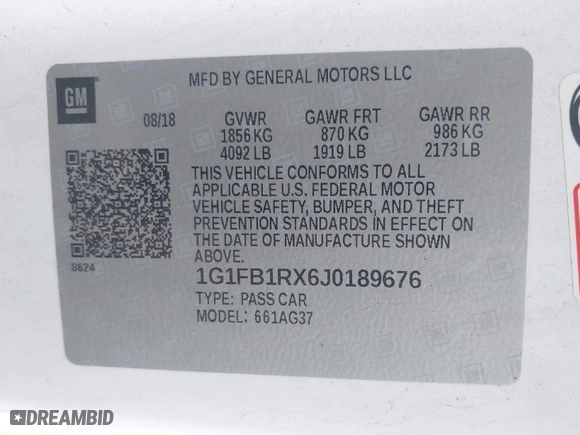 2018 Chevrolet Camaro 1LT with VIN 1G1FB1RX6J0189676, listed as a IAAI auction lot 41473754 with NaN miles. Bid and sale history available at carsss.com. Image 9.