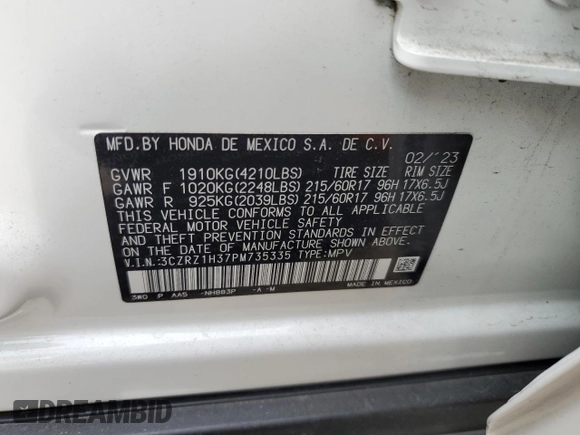 2023 Honda HR-V LX with VIN 3CZRZ1H37PM735335, listed as a Copart auction lot 58957705 with 21,203 mi miles and Salvage title. Bid and sale history available at DreamBid. Image 13.