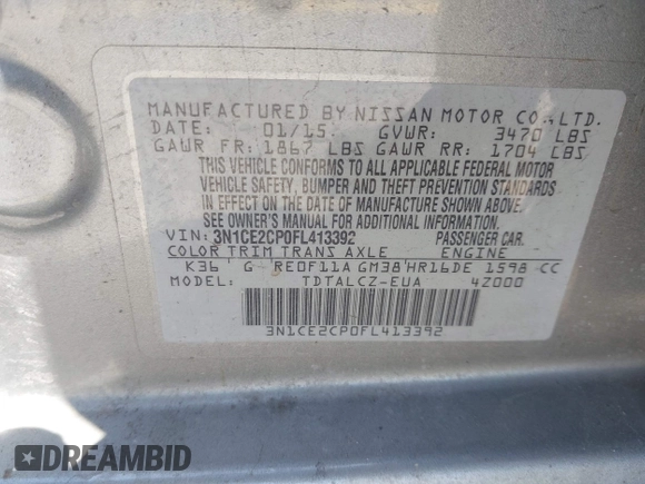 2015 Nissan Note SV with VIN 3N1CE2CP0FL413392, listed as a IAAI auction lot 41964259 with 134,250 mi miles and . Bid and sale history available at DreamBid. Image 9.