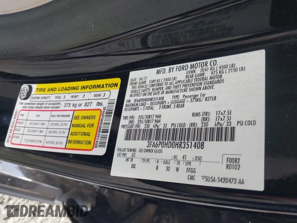 2017 Ford Fusion SE with VIN 3FA6P0HD0HR351408, listed as a IAAI auction lot 42690906 with 148,273 mi miles and . Bid and sale history available at DreamBid. Image 9.