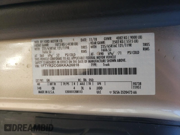 2019 Ford Transit with VIN 1FTYR2CG8KKA26818, listed as a Copart auction lot 77574134 with 60,220 mi miles and Salvage Title. Bid and sale history available at carsss.com. Image 13.