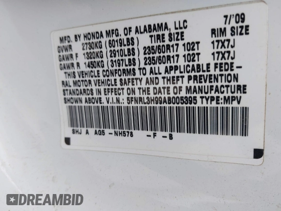 2010 Honda Odyssey Touring with VIN 5FNRL3H99AB005395, listed as a IAAI auction lot 42027445 with 181,559 mi miles. Bid and sale history available at carsss.com. Image 9.