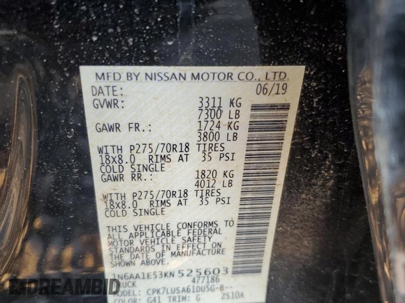 2019 Nissan Titan Pro-4X z VIN 1N6AA1E53KN525603, wystawiony jako Copart lot #77336264 z przebiegiem 64 507 mil mil oraz Szkoda całkowita • Salvage title. Historia ofert i sprzedaży dostępna na DreamBid. Obrazek 14.