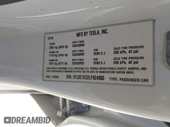 2020 Tesla Model 3 Performance z VIN 5YJ3E1EC2LF624900, wystawiony jako IAAI lot #42127589 z przebiegiem 36 758 mil mil oraz . Historia ofert i sprzedaży dostępna na DreamBid. Obrazek 9.