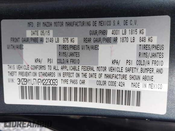 2015 Mazda 3 i Sport with VIN 3MZBM1U7XFM223093, listed as a IAAI auction lot 42020422 with 80,773 mi miles and . Bid and sale history available at carsss.com. Image 9.