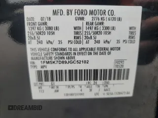 2018 Ford Explorer XLT z VIN 1FM5K7D89JGC52102, wystawiony jako Copart lot #62730855 z przebiegiem 49 949 mil mil oraz Czysty tytuł • Clean title. Historia ofert i sprzedaży dostępna na DreamBid. Obrazek 13.