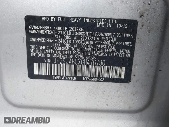 2016 Subaru Forester 2.5i with VIN JF2SJABCXGH476790, listed as a IAAI auction lot 41950043 with 87,352 mi miles and . Bid and sale history available at DreamBid. Image 9.