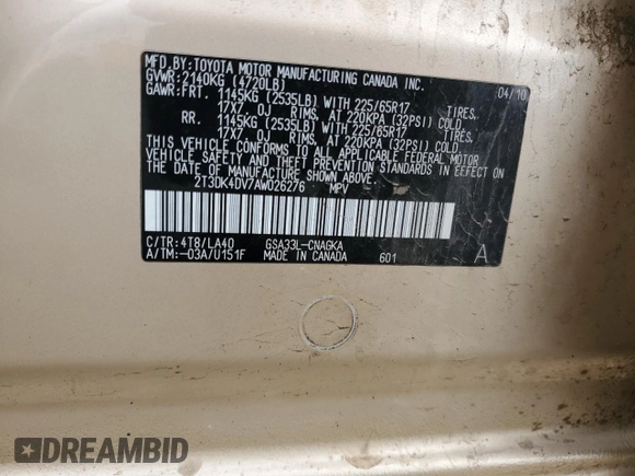 2010 Toyota RAV4 Ltd with VIN 2T3DK4DV7AW026276, listed as a Copart auction lot 50600425 with 117,215 mi miles and Salvage Title. Bid and sale history available at carsss.com. Image 13.