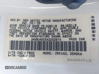 2010 Toyota Corolla with VIN 1NXBU4EE5AZ252874, listed as a IAAI auction lot 41812683 with 135,492 mi miles. Bid and sale history available at carsss.com. Image 9.