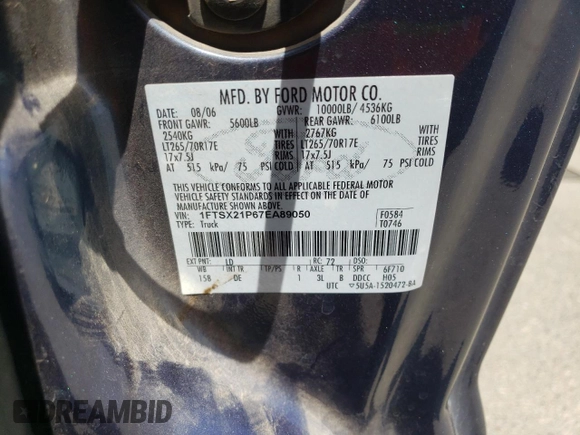 2007 Ford F-250 XL with VIN 1FTSX21P67EA89050, listed as a Copart auction lot 57381145 with 170,365 mi miles and Salvage title. Bid and sale history available at DreamBid. Image 12.