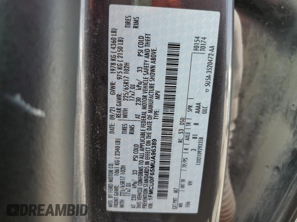 2021 Ford Escape S с VIN 1FMCU0F65MUA96389, выставлен на аукционе Copart как лот 56921065 с пробегом 94 287 миль миль и Списание • Salvage title. История ставок и продаж доступна на DreamBid. Изображение 13.