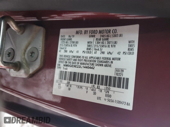 2020 Ford Transit Connect XL with VIN NM0GE9E22L1440442, listed as a Copart auction lot 42311845 with 57,225 mi miles and Salvage title. Bid and sale history available at DreamBid. Image 13.