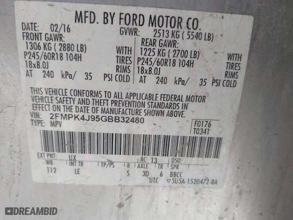 2016 Ford Edge SEL with VIN 2FMPK4J95GBB32480, listed as a IAAI auction lot 41762077 with 150,964 mi miles. Bid and sale history available at carsss.com. Image 9.