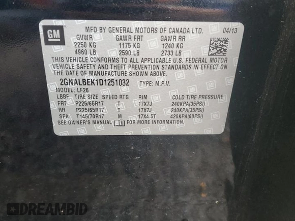 2013 Chevrolet Equinox LS with VIN 2GNALBEK1D1251032, listed as a Copart auction lot 50982045 with 108,078 mi miles and Salvage Title. Bid and sale history available at carsss.com. Image 13.