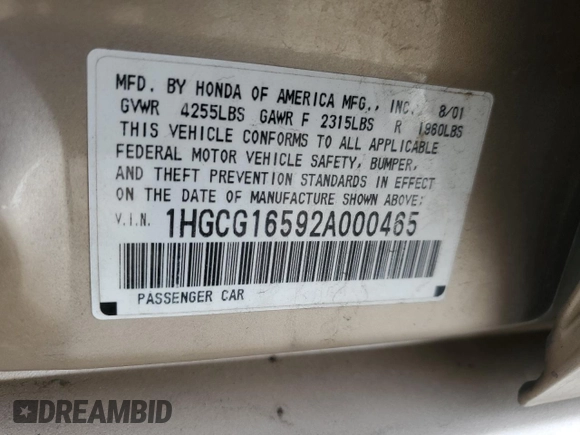 2002 Honda Accord EX z VIN 1HGCG16592A000465, wystawiony jako Copart lot #49172795 z przebiegiem 142 770 mil mil oraz Szkoda całkowita • Salvage title. Historia ofert i sprzedaży dostępna na DreamBid. Obrazek 12.