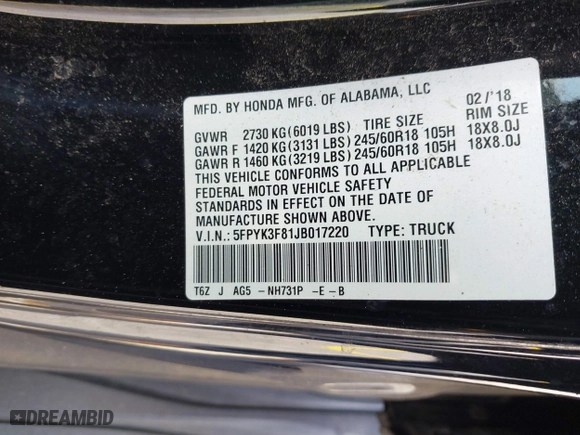 2018 Honda Ridgeline Black Edition with VIN 5FPYK3F81JB017220, listed as a IAAI auction lot 42092874 with 95,159 mi miles. Bid and sale history available at carsss.com. Image 9.