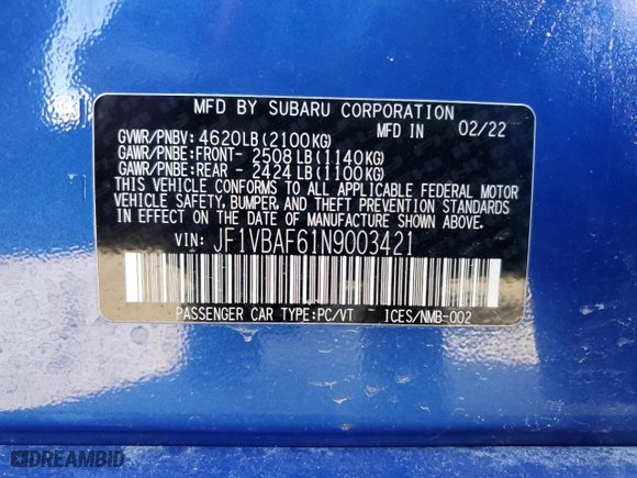 2022 Subaru WRX Premium with VIN JF1VBAF61N9003421, listed as a Copart auction lot 46383155 with 12,942 mi miles and Salvage Title. Bid and sale history available at carsss.com. Image 15.