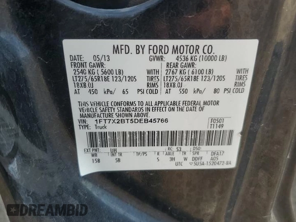 2013 Ford F-250 XL with VIN 1FT7X2BT5DEB45766, listed as a Copart auction lot 68468524 with 189,999 mi miles and Salvage Title. Bid and sale history available at DreamBid. Image 12.