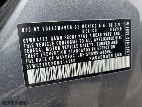 2019 Volkswagen Jetta S with VIN 3VWC57BU8KM218160, listed as a Copart auction lot 86747524 with 102,315 mi miles and Clean Title. Bid and sale history available at carsss.com. Image 12.
