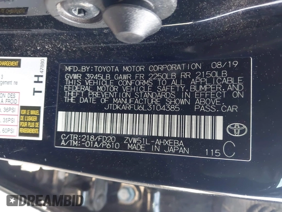 2020 Toyota Prius L Eco z VIN JTDKARFU6L3104385, wystawiony jako IAAI lot #41922029 z przebiegiem 123 235 mil mil oraz . Historia ofert i sprzedaży dostępna na DreamBid. Obrazek 9.