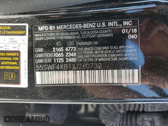 2018 Mercedes-Benz C 300 with VIN 55SWF4KB1JU260732, listed as a Copart auction lot 65649784 with Not Provided miles and Salvage Title. Bid and sale history available at DreamBid. Image 12.