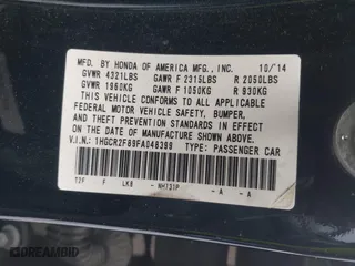2015 Honda Accord Sedan EX-L with VIN 1HGCR2F89FA048399, listed as a IAAI auction lot 42098753 with 1 mi miles. Bid and sale history available at carsss.com. Image 9.