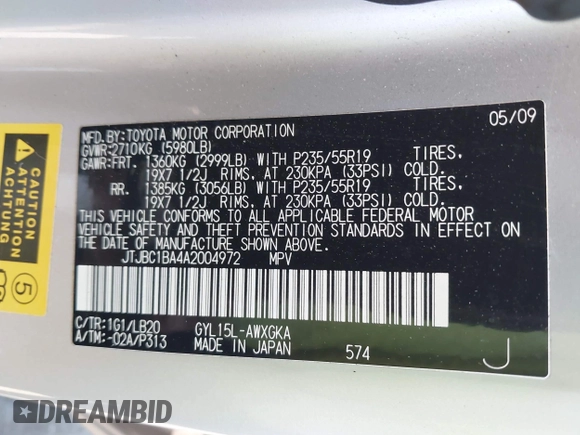 2010 Lexus RX 450h with VIN JTJBC1BA4A2004972, listed as a IAAI auction lot 42498624 with 100,249 mi miles and . Bid and sale history available at DreamBid. Image 9.