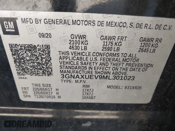 2021 Chevrolet Equinox LT z VIN 3GNAXUEV9ML301023, wystawiony jako IAAI lot #41724958 z przebiegiem 114 245 mil mil oraz . Historia ofert i sprzedaży dostępna na DreamBid. Obrazek 9.
