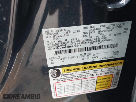 2024 Ford Expedition Limited с VIN 1FMJU2A88REA63948, выставлен на аукционе IAAI как лот 42208943 с пробегом Не указан миль и . История ставок и продаж доступна на DreamBid. Изображение 9.