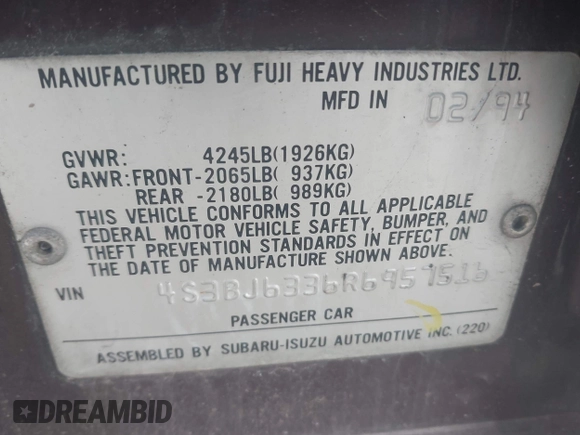 1994 Subaru Legacy L with VIN 4S3BJ6336R6957516, listed as a IAAI auction lot 41895596 with 193,143 mi miles and . Bid and sale history available at DreamBid. Image 9.