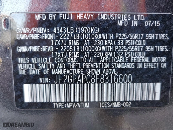 2015 Subaru XV Crosstrek Limited with VIN JF2GPAPC8F8316600, listed as a Copart auction lot 73743932 with 106,914 mi miles. Bid and sale history available at carsss.com. Image 14.