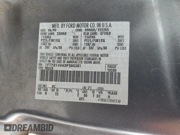 1999 Ford Ranger XL with VIN 1FTYR14V6XPB80381, listed as a Copart auction lot 52106565 with 340,374 mi miles and Salvage Title. Bid and sale history available at carsss.com. Image 14.