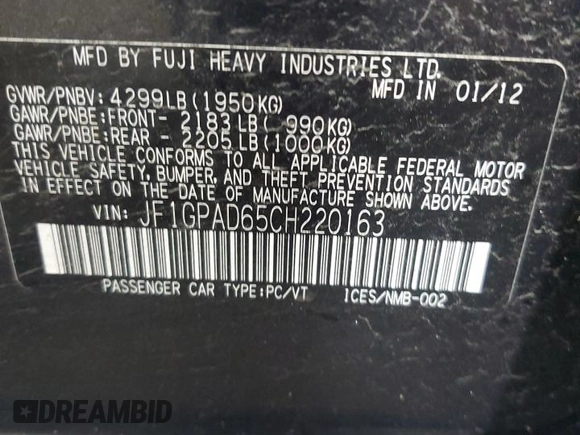 2012 Subaru Impreza Premium with VIN JF1GPAD65CH220163, listed as a Copart auction lot 61016015 with 149,966 mi miles and Salvage title. Bid and sale history available at DreamBid. Image 13.