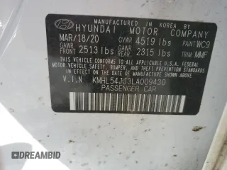 2020 Hyundai Sonata Hybrid Limited with VIN KMHL54JJ3LA009430, listed as a Copart auction lot 45139205 with 72,297 mi miles and Salvage Title. Bid and sale history available at carsss.com. Image 15.