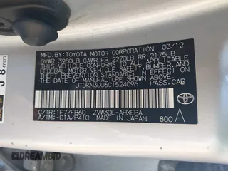 2012 Toyota Prius One with VIN JTDKN3DU6C1524096, listed as a IAAI auction lot 41938316 with 193,907 mi miles and . Bid and sale history available at DreamBid. Image 9.