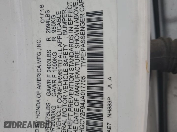 2018 Honda Accord Touring with VIN 1HGCV2F94JA017705, listed as a Copart auction lot 52670395 with Not provided miles and Salvage title. Bid and sale history available at DreamBid. Image 12.
