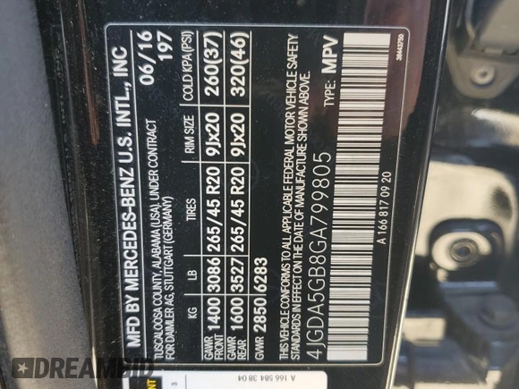 2016 Mercedes-Benz GLE 400 with VIN 4JGDA5GB8GA799805, listed as a Copart auction lot 47286085 with 156,563 mi miles and Salvage title. Bid and sale history available at DreamBid. Image 15.