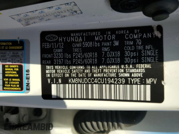 2012 Hyundai Veracruz Limited с VIN KM8NUDCC4CU194239, выставлен на аукционе Copart как лот 63571825 с пробегом 181 438 миль миль и Чистый • Clean title. История ставок и продаж доступна на DreamBid. Изображение 12.